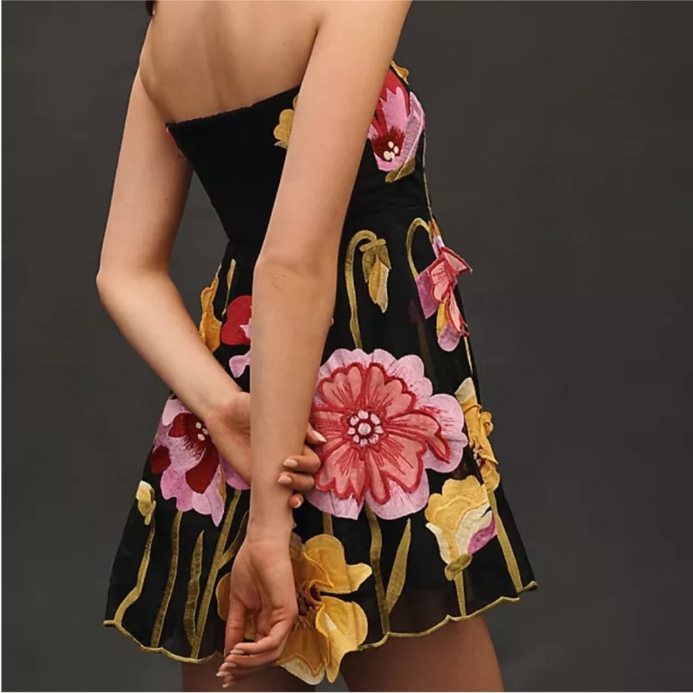Anthropologie Black Strapless Mini Dress with Pink & Yellow Floral Appliqué - Picture 3 of 5